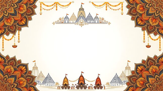 Indian temple border frame with flowers and cityscape