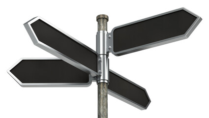 Directional signpost with four blank black arrow signs, isolated on transparent background © Alexander