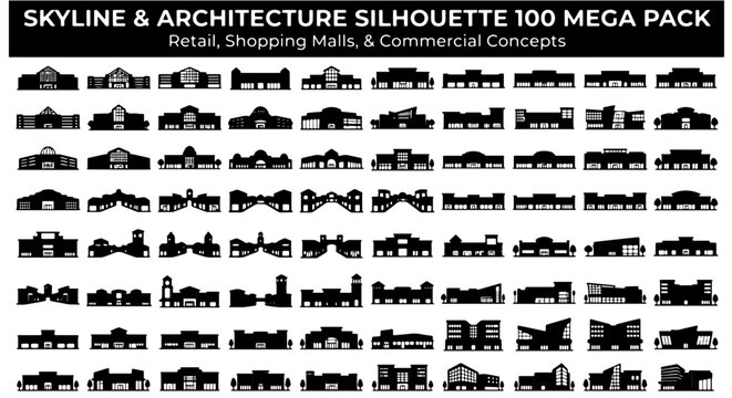 Skyline and architecture silhouette 100 mega pack, retail shopping malls and commercial buildings, black vector city icons for urban planning
