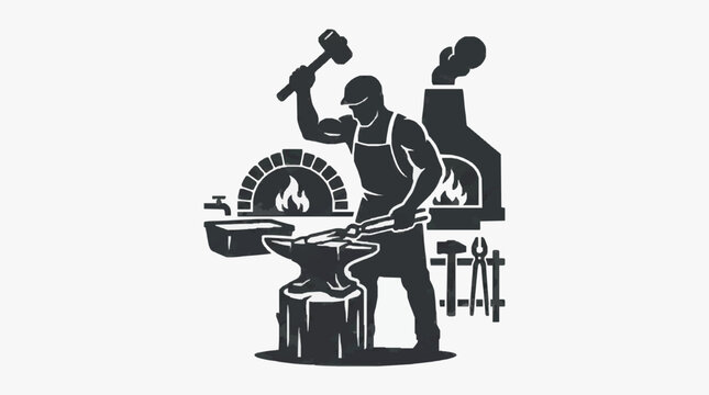 Black and white illustration of a blacksmith at work.