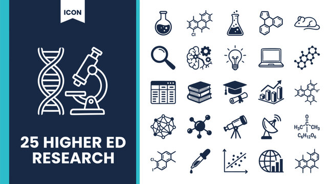 Set of flat science icons featuring dna and laboratory equipment