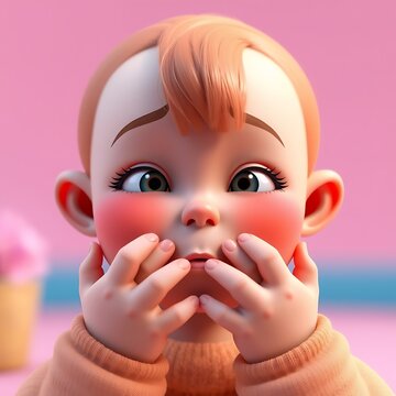 Surprised Baby with Hands on Face in Pink Background
