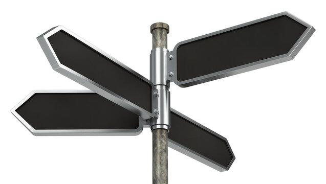 Directional signpost with four blank black arrow signs, isolated on transparent background