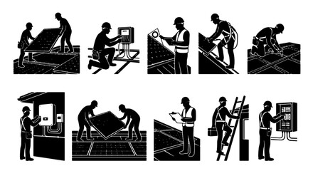Obraz premium Solar panel installation icons, professional technician silhouettes installing photovoltaic systems, renewable energy worker vector set