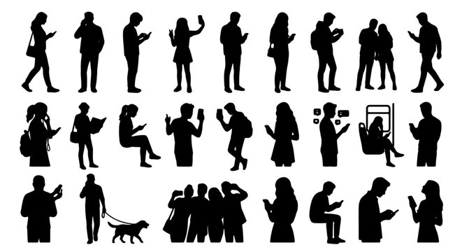 People using smartphones silhouettes, set of 25 human figures with mobile phones, men and women using digital devices vector collection