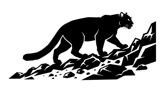 Black panther silhouette climbing rocky mountain terrain, wild cougar stalking on rocks, minimalist mountain lion vector illustration for sports logos