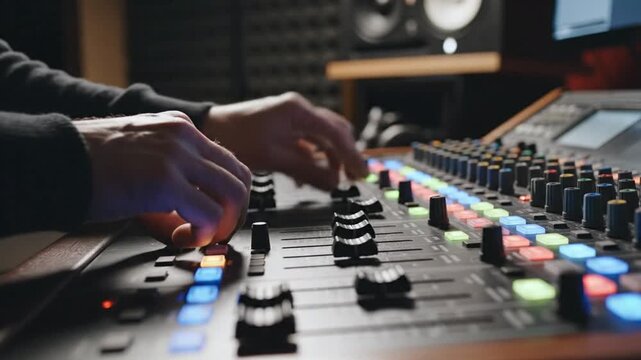 Electronic Music Mixing Hands Adjusting Faders in Dim Studio