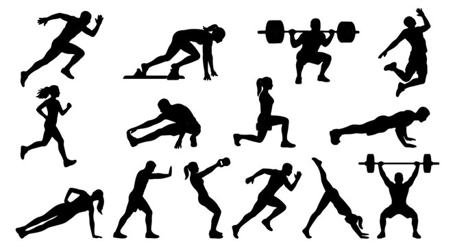Athletic fitness silhouette collection, 13 gym and workout vector icons. Sport training people silhouettes, running and weightlifting exercise set
