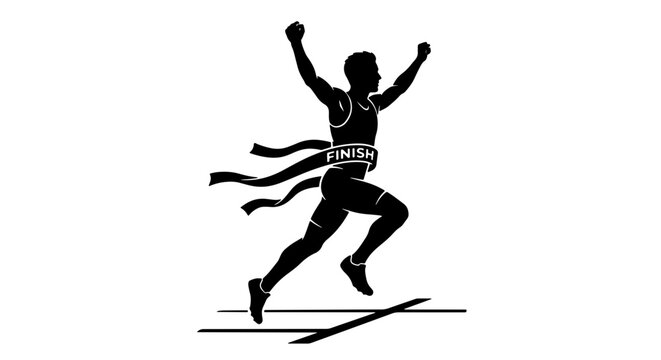 Athletic runner silhouette crossing finish line, male sprinter winning race with arms raised, black and white sports vector illustration