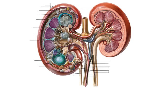 Detailed anatomical illustration of human kidneys with labeled parts