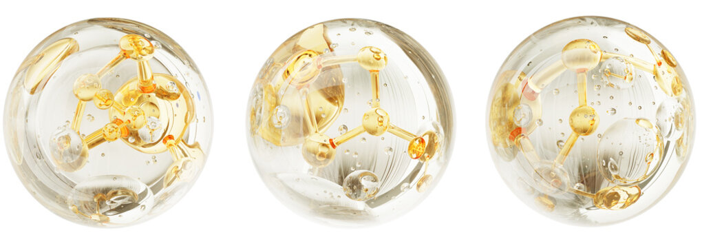 3D transparent bubbles set with gold molecule inside for skin care ads. Clear serum with golden chemical atom, collagen cell. Liquid cosmetic sphere, oil ball drop, moisture essence