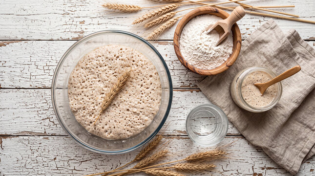 Picture shows a workspace on wooden table with sourdough starter, flour, and wheat before baking bread in a kitchen setting
