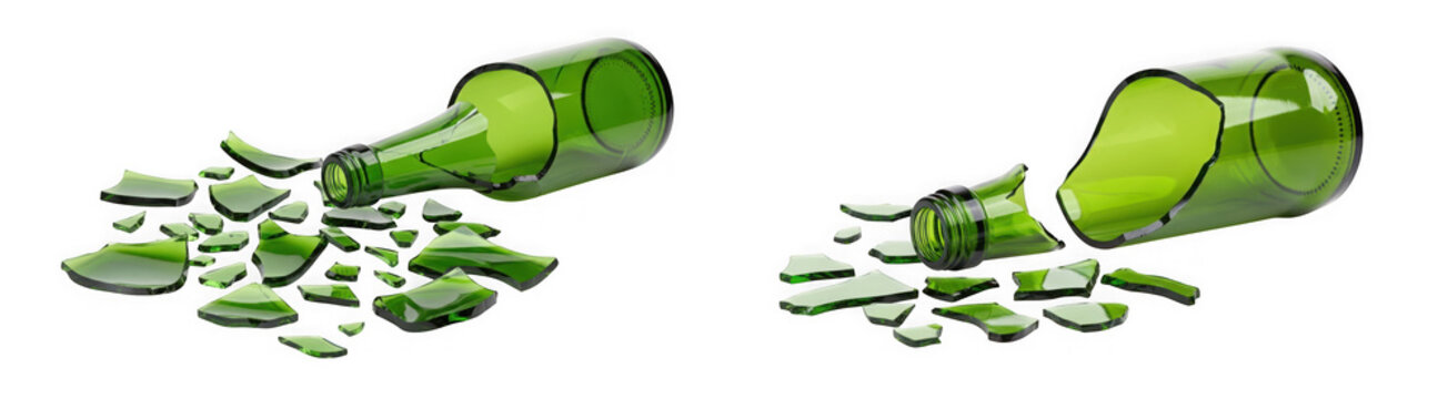 Two broken green glass bottles with shards scattered on the floor isolated on transparent background