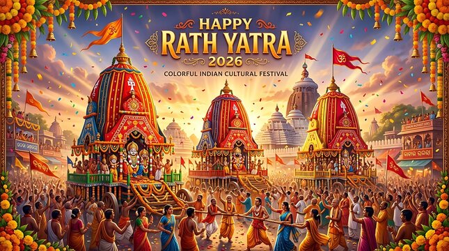 Happy rath yatra festival with people and temples
