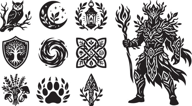Tribal symbols, bohemian icons, 10 vector emblems, black and white