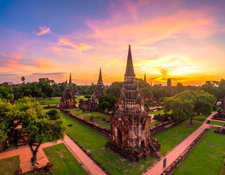 Ancient Temple Ruins Standing at Colorful Sunset in Tropical Historic Park