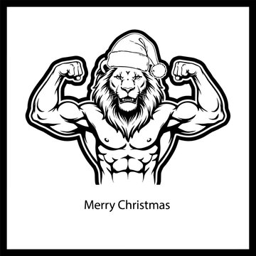 Muscular lion wearing Santa hat flexing strong arms with festive spirit for holiday promotions