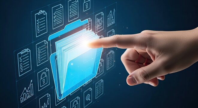 Businessman hand touching a digital folder icon on a virtual screen. Concept of Document Management System (DMS), data storage, and digital transformation.
