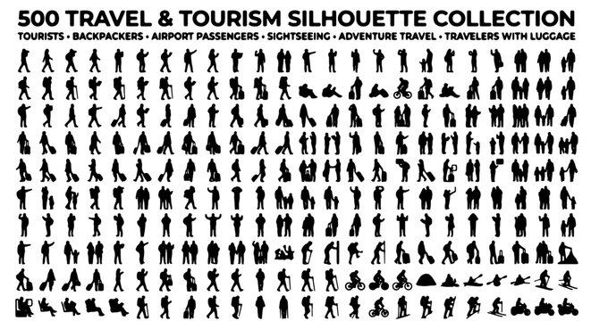 Travel and tourism silhouette collection, 500 tourists and backpackers vector set, airport passengers and travelers with luggage silhouettes
