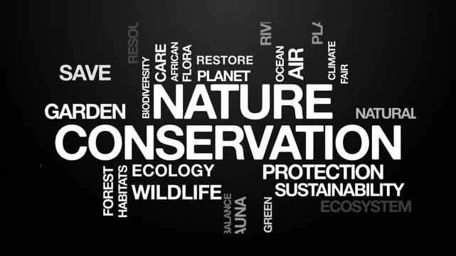 Nature conservation concept Animated Tag Word Cloud kinetic typography, Text Design Animation typography seamless loop video motion graphics Intro Wordart arrangement white type on black background bg