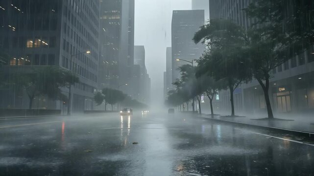 Firefly glowing in heavy rain over wet urban streets during a stormy night cityscape