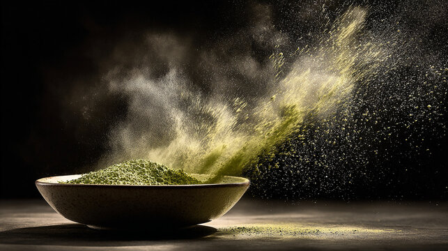 A Dramatic Shot of Matcha Powder Being Sifted Through a Fine Mesh onto a Bowl