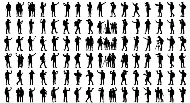 Tourist silhouettes collection, travelers and photographers with backpacks and cameras, people taking photos and selfies vector set