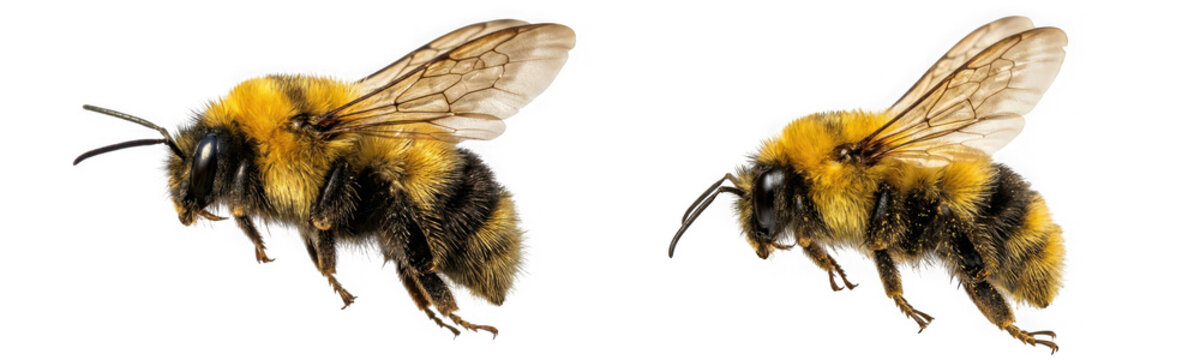 Two bumblebees flying isolated on transparent background