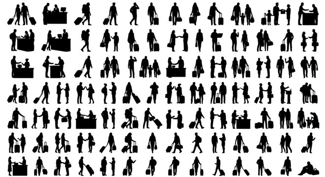Airport passenger silhouettes set, travelers with luggage and suitcases, black vector figures of people at check-in and boarding