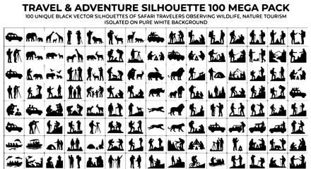 Travel and adventure silhouette 100 mega pack, black vector silhouettes of safari travelers and wildlife, nature tourism icons isolated on white © Zubaraj