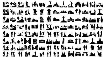 Fototapeta premium Travel and tourism silhouettes set, world landmarks and outdoor adventure icons, people hiking and sightseeing vector collection