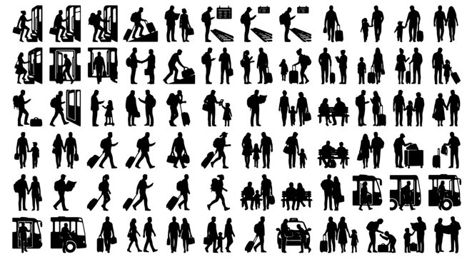 Traveler silhouette collection, airport passengers with luggage and suitcases vector, 72 people silhouettes for transit and tourism design