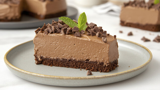 Creamy chocolate cake slice with rich texture, topped with chocolate shavings and mint leaf, perfect for dessert lovers