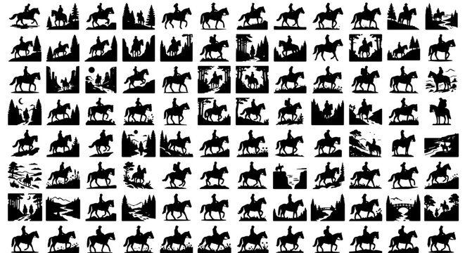 Horse rider silhouette collection, 108 equestrian vector icons, black and white cowboy and mountain landscape graphics for outdoor adventure branding