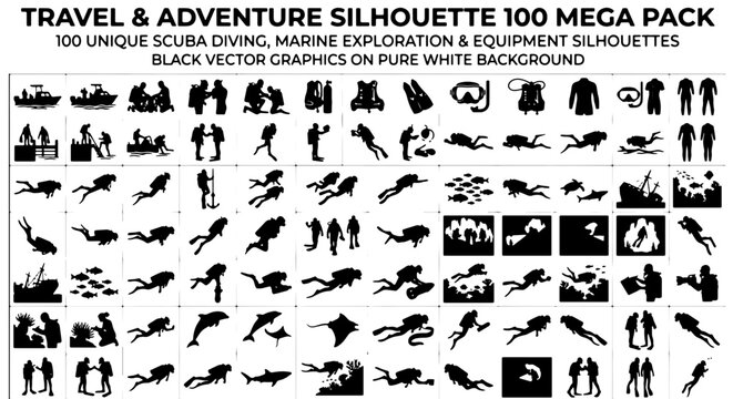 Scuba diving silhouette mega pack, 100 marine exploration and underwater equipment icons, black vector graphics on white background