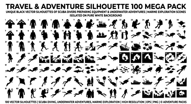 Travel and adventure silhouette 100 mega pack, black scuba diver vector icons, marine exploration and underwater diving silhouettes isolated on white