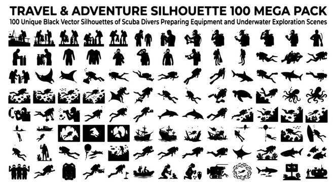 Scuba diving silhouettes mega pack, 100 black vector icons of underwater exploration, divers preparing equipment and marine life scenes