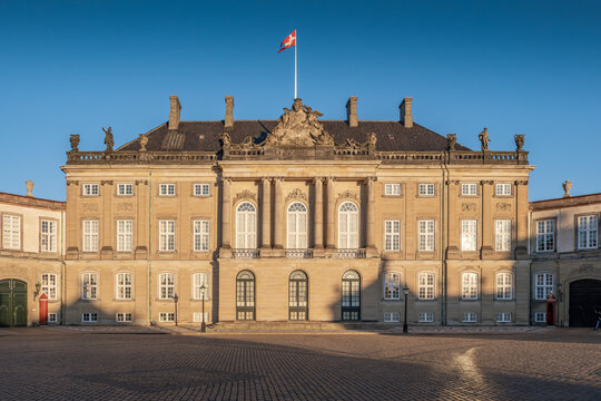 Amalienborg Palace (Slot) Royal Residence Facade, Rococo Architecture, Danish Flag, Cobblestone Square, Copenhagen