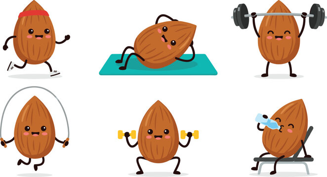 Cute Almond Nut Cartoon Character Fitness Vector Icon Set with Happy Mascot Running Lifting Weights Skipping Rope and Exercising for Healthy Lifestyle Designs