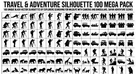 Travel and adventure silhouette 100 mega pack, black vector silhouettes of explorers and wildlife, safari adventure scenes and off-road vehicles © Zubaraj
