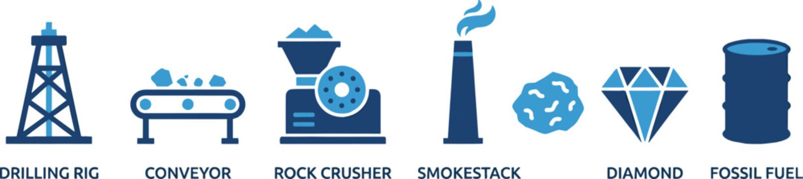 Collection of industrial extraction and mining icons showing raw material processing and fossil fuel energy.