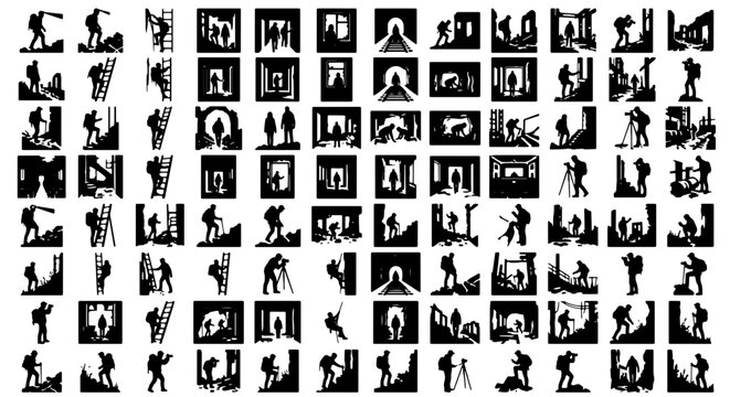 Black silhouette icons of mountain climbers and hikers, outdoor adventure people set, extreme sports and trekking vector elements