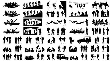 Outdoor adventure silhouettes collection, extreme sports and camping activity icons, hiking and rafting vector set, active lifestyle people silhouettes © Zubaraj