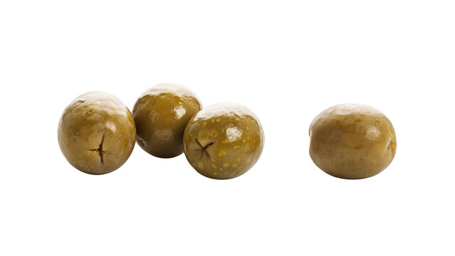 A small cluster of three pitted green olives positioned next to a single whole green olive, food isolated on a transparent background