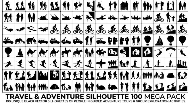 Travel and adventure silhouette 100 mega pack, black vector silhouettes of people in guided adventure tours, outdoor exploration icons