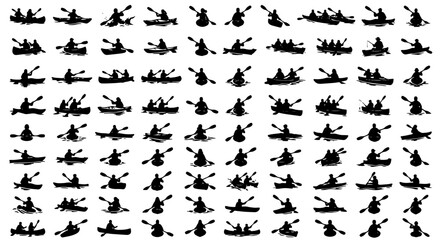 Kayaking silhouette collection, 90 rowing and paddling icons, black vector boat silhouettes for water sports and outdoor adventure graphics © Zubaraj