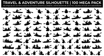 Travel and adventure silhouette 100 mega pack, black vector silhouettes of people kayaking and canoeing, water adventure activities on white © Zubaraj