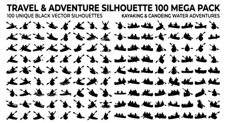 Travel and adventure silhouette 100 mega pack, kayaking and canoeing water adventures, black vector silhouettes of people rowing boats © Zubaraj