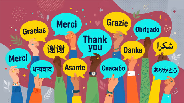 Diverse Hands Holding Speech Bubbles with 'Thank You' in Multiple Languages, Flat Vector Illustration, Global Communication Concept