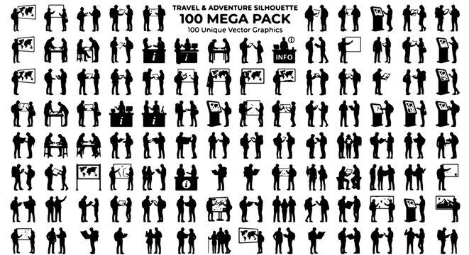 Travel and adventure silhouette 100 mega pack, black vector graphics of tourists and travelers, people with backpacks and maps collection